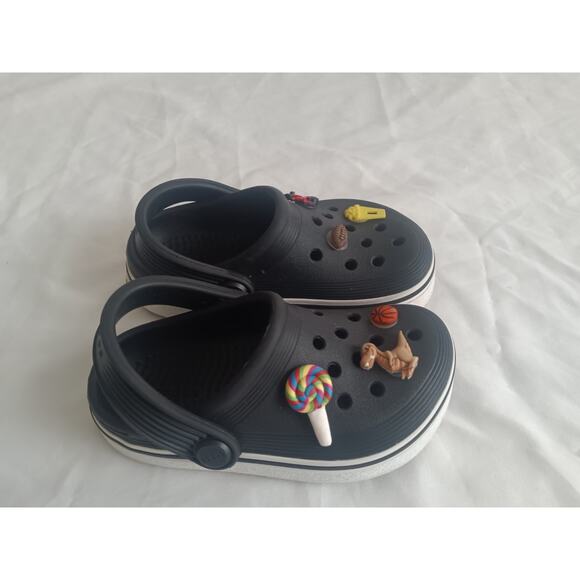 Toddler Size 8 Crocs Black Clogs with Jibbitz Charms – Dinosaur, Train, Sports - Picture 6 of 6